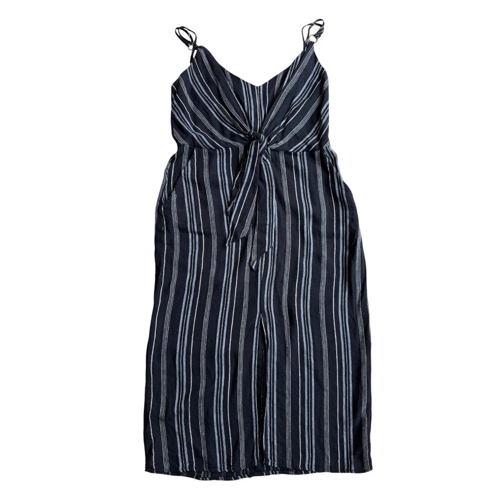 Ellen Tracy Navy White Striped Linen Blend Tie Front Jumpsuit Womens Medium